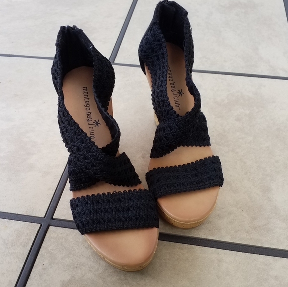 Shoes Black Wedge PLATFORM sandal Ribbon strap 6 casual cork - Picture 7 of 7